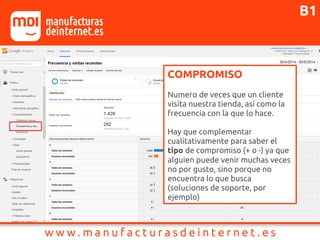 COMPROMISO
Numero de veces que un cliente
visita nuestra tienda, así como la
frecuencia con la que lo hace.
Hay que complementar
cualitativamente para saber el
tipo de compromiso (+ o -) ya que
alguien puede venir muchas veces
no por gusto, sino porque no
encuentra lo que busca
(soluciones de soporte, por
ejemplo)
B1
 
