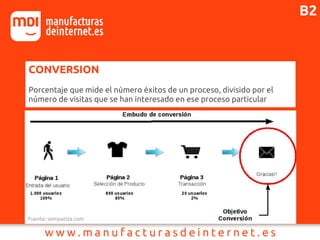 CONVERSION
Porcentaje que mide el número éxitos de un proceso, divisido por el
número de visitas que se han interesado en ese proceso particular
Fuente: sempatiza.com
B2
 