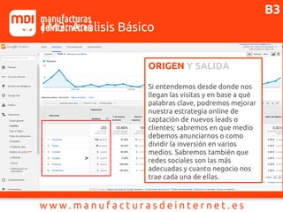 J1 | M3: Análisis Básico
ORIGEN Y SALIDA
Si entendemos desde donde nos
llegan las visitas y en base a qué
palabras clave, podremos mejorar
nuestra estrategia online de
captación de nuevos leads o
clientes; sabremos en que medio
debemos anunciarnos o como
dividir la inversión en varios
medios. Sabremos también que
redes sociales son las más
adecuadas y cuanto negocio nos
trae cada una de ellas.
B3
 