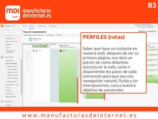 PERFILES (rutas)
Saber que hace un visitante en
nuestra web, despues de ver su
primera página, nos dará un
patrón de como debemos
estructurar la web, como ir
disponiendo los pasos de cada
conversión para que sea una
navegación natural, fluida y sin
interrpuciones, cara a nuestro
objetivo de conversión.
B3
 