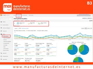 SEGMENTOS
Los datos genéricos ofrecen información,
pero ¿que pasaría si pudiésemos saber
que edad tienen, que nivel de ingresos,
de donde vienen.... y poder “filtrar” las
estadísticas en función de esos datos?
GA tiene desde hace unos años una
herramienta llamada “segmentos” que
permite implementar estos filtros,
llevando las estadísticas a un nuevo nivel,
algo que solo podían hacer otros
softwares de pago.
B3
 
