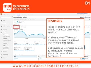 SESIONES
Periodo de tiempo en el que un
usuario interactua con nuestro
website.
En el MundoReal(TM)
sería el
equivalente a una visita física a
(por ejemplo) una tienda.
Si el usuario no interactúa durante
30 minutos, la siguiente
interacción se considera una
nueva sesión.
B1
 