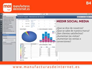 MEDIR SOCIAL MEDIA
¿Que se dice de nosotros?
¿Que se sabe de nuestra marca?
¿Son clientes satisfechos?
¿Aumentan las visitas?
¿Aumentan las ventas o
conversiones?
B4
 