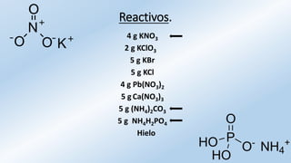 Reactivos.
4 g KNO3
2 g KClO3
5 g KBr
5 g KCl
4 g Pb(NO3)2
5 g Ca(NO3)3
5 g (NH4)2CO3
5 g NH4H2PO4
Hielo
 