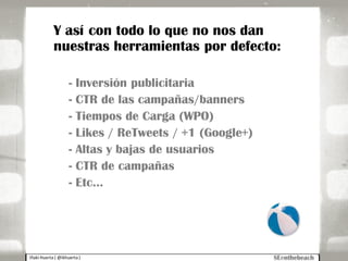 Iñaki Huerta ( @ikhuerta )
Y así con todo lo que no nos dan
nuestras herramientas por defecto:
- Inversión publicitaria
- CTR de las campañas/banners
- Tiempos de Carga (WPO)
- Likes / ReTweets / +1 (Google+)
- Altas y bajas de usuarios
- CTR de campañas
- Etc…
 