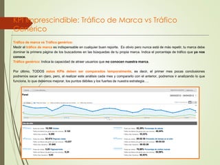 KPI Imprescindible: Tráfico de Marca vs Tráfico
Genérico
Tráfico de marca vs Tráfico genérico:
Medir el tráfico de marca es indispensable en cualquier buen reporte. Es obvio pero nunca está de más repetir, tu marca debe
dominar la primera página de los buscadores en las búsquedas de tu propia marca. Indica el porcentaje de tráfico que ya nos
conoce.
Tráfico genérico: Indica la capacidad de atraer usuarios que no conocen nuestra marca.
Por último, TODOS estos KPIs deben ser comparados temporalmente, es decir, el primer mes pocas conclusiones
podremos sacar en claro, pero, al realizar este análisis cada mes y compararlo con el anterior, podremos ir analizando lo que
funciona, lo que debemos mejorar, los puntos débiles y los fuertes de nuestra estrategia….
 