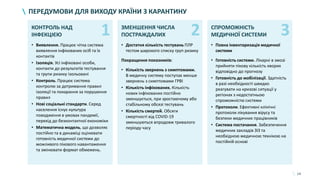 14
ПЕРЕДУМОВИ ДЛЯ ВИХОДУ КРАЇНИ З КАРАНТИНУ
КОНТРОЛЬ НАД
ІНФЕКЦІЄЮ
• Виявлення. Працює чітка система
виявлення інфікованих осіб та їх
контактів
• Ізоляція. Усі інфіковані особи,
контакти до результатів тестування
та групи ризику ізольовані
• Контроль. Працює система
контролю за дотримання правил
ізоляції та покарання за порушення
правил
• Нові соціальні стандарти. Серед
населення існує культура
поводження в умовах пандемії,
перехід до безконтактної економіки
• Математична модель, що дозволяє
постійно та в динаміці оцінювати
готовність медичної системи до
можливого пікового навантаження
та змінювати формат обмежень.
ЗМЕНШЕННЯ ЧИСЛА
ПОСТРАЖДАЛИХ
• Достатня кількість тестувань ПЛР
тестом широкого списку груп ризику
Покращення показників:
• Кількість звернень з симптомами.
В медичну систему поступає менше
звернень з симптомами ГРВІ
• Кількість інфікованих. Кількість
нових інфікованих постійно
зменшується, при зростаючому або
стабільному обсязі тестувань
• Кількість смертей. Обсяги
смертності від COVID-19
зменшуються впродовж тривалого
періоду часу
СПРОМОЖНІСТЬ
МЕДИЧНОЇ СИСТЕМИ
• Повна інвентаризація медичної
системи
• Готовність системи. Лікарні в змозі
прийняти пікову кількість хворих
відповідно до прогнозу
• Готовність до мобілізації. Здатність
в разі необхідності швидко
реагувати на кризові ситуації у
регіонах з недостатньою
спроможністю системи
• Протоколи. Ефективні клінічні
протоколи лікування вірусу та
безпеки медичних працівників
• Система постачання. Забезпечення
медичних закладів ЗІЗ та
необхідною медичною технікою на
постійній основі
1 2 3
 