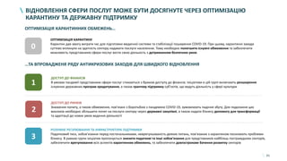 61
ВІДНОВЛЕННЯ СФЕРИ ПОСЛУГ МОЖЕ БУТИ ДОСЯГНУТЕ ЧЕРЕЗ ОПТИМІЗАЦІЮ
КАРАНТИНУ ТА ДЕРЖАВНУ ПІДТРИМКУ
ОПТИМІЗАЦІЯ КАРАНТИНУ
Карантин дав змогу виграти час для підготовки медичної системи та стабілізації поширення COVID-19. При цьому, карантинні заходи
суттєво вплинули на здатність сектору надавати послуги населенню. Тому необхідно полегшити існуючі обмеження та забезпечити
можливість представників сфери послуг вести свою діяльність з дотриманням безпечних умов.
0
1
ДОСТУП ДО ФІНАНСІВ
В умовах пандемії представники сфери послуг стикаються з браком доступу до фінансів. Ініціативи в цій групі включають розширення
існуючих державних програм кредитування, а також грантову підтримку суб’єктів, що ведуть діяльність у сфері культури
2
ДОСТУП ДО РИНКІВ
Зниження попиту, а також обмеження, пов’язані з боротьбою з пандемією COVID-19, зумовлюють падіння збуту. Для подолання цих
викликів необхідно збільшити попит на послуги сектору через державні закупівлі, а також надати бізнесу допомогу для трансформації
та адаптації до нових умов ведення діяльності
3
РОЗУМНЕ РЕГУЛЮВАННЯ ТА ІНФРАСТРУКТУРА ПІДТРИМКИ
Податковий тиск, зобов’язання перед постачальниками, неврегульованість деяких питань, пов’язаних з карантином посилюють проблеми
бізнесу. В рамках групи ініціатив пропонується знизити податкові та інші зобов’язання для представників найбільш постраждалих секторів,
забезпечити врегулювання всіх аспектів карантинних обмежень, та забезпечити довгострокове бачення розвитку секторів
ОПТИМІЗАЦІЯ КАРАНТИННИХ ОБМЕЖЕНЬ…
…ТА ВПРОВАДЖЕНЯ РЯДУ АНТИКРИЗОВИХ ЗАХОДІВ ДЛЯ ШВИДКОГО ВІДНОВЛЕННЯ
 