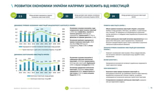 76
РОЗВИТОК ЕКОНОМІКИ УКРАЇНИ НАПРЯМУ ЗАЛЕЖИТЬ ВІД ІНВЕСТИЦІЙ
Млрд доларів надходжень прямих
іноземних інвестицій (2019)2.5
Млрд доларів суми прямих іноземних
інвестицій в економіці України (2019)33 Млрд доларів капітальних інвестицій
(2019)24-14% 4% 14%
ДИНАМІКА ПРЯМИХ ІНОЗЕМНИХ ІНВЕСТИЦІЙ (АКЦІОНЕРНОГО КАПІТАЛУ) В УКРАЇНІ
ДИНАМІКА КАПІТАЛЬНИХ ІНВЕСТИЦІЇ В УКРАЇНІ
5,9 6,0 5,3 5,5 2,5 4,3 4,4 2,5 2,9 2,5
29% 28%
27% 28%
40% 42%
35%
28%
24% 22%
0%
10%
20%
30%
40%
50%
2010 2011 2012 2013 2014 2015 2016 2017 2018 2019
0,0
2,0
4,0
6,0
8,0
Надходження прямих іноземних інвестицій, млрд доларів
Прямі інвестиції з країн світу в економіці України, % від ВВП
26 34 39 36 20 13 14 17 21 24
19%
21%
22%
20%
15% 14% 15% 15% 16% 16%
0%
5%
10%
15%
20%
25%
2010 2011 2012 2013 2014 2015 2016 2017 2018 2019
0
10
20
30
40
50
Капітальні інвестиції, млрд доларів
Капітальні інвестиції, % від ВВП
ПРИВАТНІ ІНВЕСТИЦІЇ В УКРАЇНІ |
• Обсяги прямих іноземних інвестицій в Україні є низькими
(майже 3 млрд доларів у 2019 році, що майже у 5 разів менше,
ніж у Польщі). ПІІ переважно не направляються в реальний
сектор; діяльність із побудови нових виробничих потужностей є
обмеженою
• Обсяги капітальних інвестицій поступово відновлюються після
кризи 2014-2016 років, проте підприємства у переважній
більшості використовують власні кошти; можливості залучення
зовнішнього фінансування обмежені
ЗНАЧЕННЯ ПРЯМИХ ІНОЗЕМНИХ ІНВЕСТИЦІЙ ДЛЯ ЕКОНОМІКИ
УКРАЇНИ |
• Компанії з іноземними інвестиціями є більш продуктивними,
ніж вітчизняні компанії та пропонують вищі заробітні плати
працівникам
ВПЛИВ КАРАНТИНУ |
• Замороження економічної активності українських підприємств
через карантинні заходи
НОВІ МОЖЛИВОСТІ |
• Залучення нових прямих іноземних інвестицій від
міжнародних компаній, що приймають рішення щодо переносу
виробничих потужностей із Китаю у Європу, за рахунок
запровадження спеціальних умов для стратегічних інвесторів
• Стимулювання внутрішніх капітальних інвестицій за рахунок
змін до податкового кодексу
• Основними галузями економіки, куди
направлялися прямі іноземні інвестиції
у 2019, були професійна, наукова та
технічна діяльність (95% від усіх
надходжень), промисловість (1.7%) та
фінансова та страхова діяльність (1.2%)
• Основними країнами надходження
прямих іноземних інвестицій у 2019
році були Кіпр (94% від усіх
надходжень), Росія (1.9%) та Латвія
(1.2%)
• Основними галузями економіки із
найвищими обсягами капітальних
інвестицій у 2019 були промисловість
(41% від суми інвестицій), будівництво
(10%) та сільське господарство (9.5%)
• Основними джерелами капітальних
інвестицій у 2019 були власні кошти
підприємств (65%), кредити банків та
інші позики (11%) та кошти місцевих
бюджетів (9.1%)
Джерело: Державна служба статистики - зміна порівняно з 2018 роком%
 