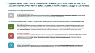 44
ВІДНОВЛЕННЯ ТРАНСПОРТУ ТА ІНФРАСТРУКТУРИ БУДЕ РЕАЛІЗОВАНЕ ЗА РАХУНОК
АДАПТИВНОГО КАРАНТИНУ ТА ДОДАТКОВИХ АНТИКРИЗОВИХ ЗАХОДІВ З БОКУ УРЯДУ
ЗМЕНШЕННЯ ВПЛИВУ КАРАНТИНУ
Для нейтралізації негативних наслідків карантину необхідно впровадити контрольоване відновлення пасажирських перевезень з використанням
регулярної дезінфекції рухомого складу та маркування для сприяння соціальному дистанціюванню
0
РЕКОМЕНДУЄТЬСЯ ОПТИМІЗУВАТИ КАРАНТИН…
…ТА ПОСПРИЯТИ ВІДНОВЛЕННЮ І РОЗВИТКУ ТРАНСПОРТУ ТА ІНФРАСТРУКТУРИ ЗА РАХУНОК ВПРОВАДЖЕННЯ АНТИКРИЗОВИХ ЗАХОДІВ
ДОСТУП ДО ФІНАНСІВ
Через карантинні обмеження пасажирські перевезення були практично припинені на залізниці й авіа та обмежені в автомобільній галузі; обсяги
вантажних перевезень зменшуються через економічну кризу, що вразила ключових замовників – промисловість та агро. Рекомендовані заходи
спрямовані на збереження коштів компаній за рахунок зниження податкового тиску, тиску зобов’язань по орендних та лізингових платежах, а
також фінансової підтримки; заходи дозволять забезпечити життєздатність підприємств та зроблять можливим поступовий вихід з кризи
1
ЕФЕКТИВНЕ РЕГУЛЮВАННЯ
Для швидкого відновлення та розвитку транспорту і суміжних галузей рекомендоване створення незалежного регулятора тарифів, перегляд розміру
та використання портових зборів; оновлення регулювання ринку ОТК та закупівлі дорожніх робіт сприятиме підсиленню конкуренції та
підвищенню якості послуг; зміни до режиму прапора та гармонізація вітчизняних норм безпеки з міжнародними сприятимуть розвитку
українського водного транспорту
2
МОДЕРНІЗАЦІЯ ТА РОЗВИТОК
Кризовий час рекомендовано використати для підготовки передумов для зростання шляхом проведення реформ залізниці та АМПУ, запуску
річкової галузі, забезпечення ефективного використання ресурсів та інвестицій для державних транспортних та інфраструктурних компаній
3
 