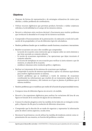 33
Aportes para el desarrollo curricular MATEMÁTICA. Orientaciones para la planificación de la enseñanza
Objetivos
Disponer de formas de representación y de estrategias exhaustivas de conteo para
•
abordar y validar problemas de combinatoria.
Utilizar recursos algebraicos que permitan producir, formular y validar conjeturas
•
referidas a la divisibilidad en el campo de los números enteros.
Recurrir a relaciones entre escritura decimal y fraccionaria para resolver problemas
•
que involucren la densidad en el campo de los números racionales.
Comprender el funcionamiento de la potenciación y la radicación a través de la utili-
•
zación de las propiedades y el uso de diferentes tipos de calculadoras.
Resolver problemas lineales que se modelizan usando funciones, ecuaciones e inecuaciones.
•
Resolver ecuaciones con una o dos variables que comprendan:
•
la noción de ecuación como restricción que se impone sobre un cierto dominio y
-
que tiene asociada un conjunto solución;
la noción de ecuaciones equivalentes y las operaciones que dejan invariante el
-
conjunto solución;
el recurso de reemplazar en una ecuación para verificar si cierto número o par de
-
números, es solución de la ecuación;
establecer relaciones entre resolución gráfica y algebraica.
-
Realizar un tratamiento de los sistemas de ecuaciones que implique:
•
comprender la noción de sistemas equivalentes y operar vía sistemas equivalentes
-
para resolver algebraicamente un sistema;
resolver problemas que se modelizan a través de sistemas de ecuaciones
-
coordinando las informaciones que resulten de un tratamiento algebraico, de la
representación cartesiana y del contexto en el que se plantea el problema que el
sistema modeliza.
Resolver problemas que se modelizan por medio de la función de proporcionalidad inversa.
•
Comparar áreas de diferentes figuras sin recurrir a la medida.
•
Recurrir a las expresiones algebraicas para analizar las variaciones del área de una
•
figura en función de la variación de alguno de sus elementos.
Conocer la relación pitagórica entre las medidas de los lados de un triángulo rectán-
•
gulo y disponer de ella para la resolución de diferentes situaciones.
Comprender que la elección de un modo de organizar y representar la información
•
pone de relieve ciertos aspectos y oculta otros.
Reconocer la pertinencia o no de utilizar las medidas de tendencia central, como re-
•
presentantes de una muestra, en función del problema a resolver.
2º
año.
Objetivos
 