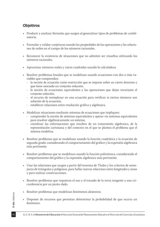 42 G.C.B.A. MinisteriodeEducación DirecciónGeneraldePlaneamientoEducativo DireccióndeCurrículayEnseñanza
Objetivos
Producir y analizar fórmulas que surgen al generalizar tipos de problemas de combi-
•
natoria.
Formular y validar conjeturas usando las propiedades de las operaciones y las relacio-
•
nes de orden en el campo de los números racionales.
Reconocer la existencia de situaciones que no admiten ser resueltas utilizando los
•
números racionales.
Aproximar números reales y raíces cuadradas usando la calculadora.
•
Resolver problemas lineales que se modelizan usando ecuaciones con dos o más va-
•
riables que comprendan:
la noción de ecuación como restricción que se impone sobre un cierto dominio y
-
que tiene asociada un conjunto solución;
la noción de ecuaciones equivalentes y las operaciones que dejan invariante el
-
conjunto solución;
el recurso de reemplazar en una ecuación para verificar si ciertos números son
-
solución de la ecuación;
establecer relaciones entre resolución gráfica y algebraica.
-
Modelizar situaciones mediante sistemas de ecuaciones que impliquen:
•
comprender la noción de sistemas equivalentes y operar vía sistemas equivalentes
-
para resolver algebraicamente un sistema;
coordinar las informaciones que resulten de un tratamiento algebraico, de la
-
representación cartesiana y del contexto en el que se plantea el problema que el
sistema modeliza.
Resolver problemas que se modelizan usando la función cuadrática y la ecuación de
•
segundo grado, considerando el comportamiento del gráfico y la expresión algebraica
más pertinente.
Resolver problemas que se modelizan usando la función polinómica, considerando el
•
comportamiento del gráfico y la expresión algebraica más pertinente.
Usar las relaciones que surgen a partir del teorema de Thales y los criterios de seme-
•
janza de triángulos y polígonos, para hallar nuevas relaciones entre longitudes y áreas
y para realizar construcciones.
Resolver problemas que requieran el uso y el trazado de la recta tangente a una cir-
•
cunferencia por un punto dado.
Resolver problemas que modelizan fenómenos aleatorios.
•
Disponer de recursos que permitan determinar la probabilidad de que ocurra un
•
fenómeno.
3º
año.
Objetivos
 
