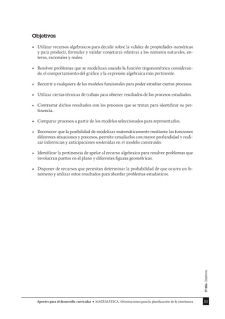 53
Aportes para el desarrollo curricular MATEMÁTICA. Orientaciones para la planificación de la enseñanza
Objetivos
Utilizar recursos algebraicos para decidir sobre la validez de propiedades numéricas
•
y para producir, formular y validar conjeturas relativas a los números naturales, en-
teros, racionales y reales.
Resolver problemas que se modelizan usando la función trigonométrica consideran-
•
do el comportamiento del gráfico y la expresión algebraica más pertinente.
Recurrir a cualquiera de los modelos funcionales para poder estudiar ciertos procesos.
•
Utilizar ciertas técnicas de trabajo para obtener resultados de los procesos estudiados.
•
Contrastar dichos resultados con los procesos que se tratan para identificar su per-
•
tinencia.
Comparar procesos a partir de los modelos seleccionados para representarlos.
•
Reconocer que la posibilidad de modelizar matemáticamente mediante las funciones
•
diferentes situaciones y procesos, permite estudiarlos con mayor profundidad y reali-
zar inferencias y anticipaciones sostenidas en el modelo construido.
Identificar la pertinencia de apelar al recurso algebraico para resolver problemas que
•
involucran puntos en el plano y diferentes figuras geométricas.
Disponer de recursos que permitan determinar la probabilidad de que ocurra un fe-
•
nómeno y utilizar estos resultados para abordar problemas estadísticos.
5º
año.
Objetivos
 