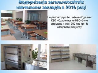 На реконструкцію шкільної їдальні
КЗО «Солонянське НВО»було
виділено 1 млн 300 тис грн із
місцевого бюджету
Модернізація загальноосвітніх
навчальних закладів в 2016 році
 