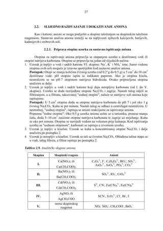 27



       2.2.     SLIJEDNO RAZDVAJANJE I DOKAZIVANJE ANIONA

       Kao i kationi, anioni se mogu podijeliti u skupine taloženjem sa skupinskim taložnim
reagensom. Sustavna analiza aniona temelji se na topljivosti njihovih kalcijevih, barijevih,
kadmijevih i srebrovih soli.

                2.2.1. Priprava otopine uzorka za sustavno ispitivanje aniona

        Otopina za ispitivanje aniona pripravlja se otapanjem uzorka u destiliranoj vodi ili
otopini natrijeva karbonata. Otopina se pripravlja na jedan od slijedećih načina:
1. Uzorak je topljiv u vodi i sadrži katione VI. skupine: Na+, K+ i NH4+ ione. Samo vodenu
   otopinu ovih soli moguće je izravno upotrijebiti kod sustavne analize aniona.
   Postupak: Otopi se manja količina čvrstog uzorka (od 0.2°g do 0.5 g) u 5 cm3 do 10 cm3
   destilirane vode. pH otopine ispita se indikator papirom. Ako je otopina kisela,
   neutralizira se na pH 7 otopinom natrijeva hidroksida. Ovako pripravljena otopina
   analizira se dalje.
2. Uzorak je topljiv u vodi i sadrži katione koji daju netopljive karbonate (od I. do V.
   skupine). Uzorku se doda razrijeñene otopine Na2CO3 i zagrije. Nastali talog odjeli se
   filtriranjem, a u filtratu, takozvanoj "sodnoj otopini", nalaze se natrijeve soli aniona koje
   ispitujemo.
   Postupak: U 5 cm3 otopine doda se otopine natrijeva karbonata do pH 7 i još oko 1 g
   čvrstog Na2CO3. Kuha se pet minuta. Nastali talog se odbaci a centrifugat neutralizira. U
   neutralnoj, "sodnoj otopini", ispituju se anioni reakcijama za ispitivanje aniona.
   Priprema "sodne otopine": Oko 0.5 g uzorka aniona usitni se u tarioniku, prenese manju
   čašu, doda 5−10 cm3 zasićene otopine natrijeva karbonata te zagrije uz miješanje. Kuha
   se oko pet minuta. Otopina se razrijedi vodom na volumen prije kuhanja. Kod ispitivanja
   uzorka sa "sodnom otopinom", karbonati se ispituju u izvornom uzorku.
3. Uzorak je topljiv u kiselini. Uzorak se kuha u koncentriranoj otopini Na2CO3 i dalje
   analizira po postupku 2.
4. Uzorak je netopljiv u kiselini. Uzorak se tali sa čvrstim Na2CO3. Ohlañena talina otapa se
   u vodi, talog filtrira, a filtrat ispituje po postupku 2.

Tablica 2.9. Analitičke skupine aniona

      Skupina          Skupinski reagens                          Anioni

                          Ca(NO3)2 ili              C2O42-, F-, C4H4O62-, BO2-, SO32-,
          I.                                          AsO33-, AsO43-, PO43-, CO32-
                        Ca(CH3COO)2
                         Ba(NO3)2 ili
         II.                                                SO42-, IO3-, CrO42-
                        Ba(CH3COO)2
                          Cd(NO3)2 ili
         III.                                         S2-, CN-, Fe(CN)63-, Fe(CN)64-
                        Cd(CH3COO)2
                           AgNO3 ili
         IV.                                             SCN-, S2O32-, Cl-, Br-, I-
                         AgCH3COO
                       nema skupinskog
         V.               reagensa                    NO2- NO3-, CH3COO-, BrO3-
 