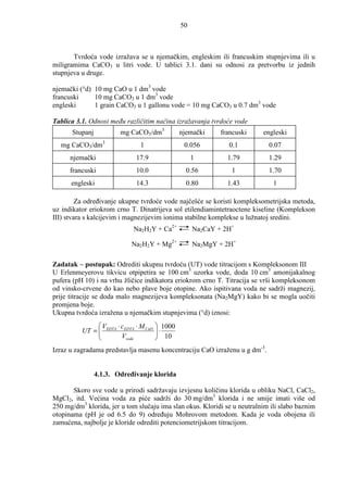 50



       Tvrdoća vode izražava se u njemačkim, engleskim ili francuskim stupnjevima ili u
miligramima CaCO3 u litri vode. U tablici 3.1. dani su odnosi za pretvorbu iz jednih
stupnjeva u druge.

njemački (°d) 10 mg CaO u 1 dm3 vode
francuski     10 mg CaCO3 u 1 dm3 vode
engleski      1 grain CaCO3 u 1 gallonu vode = 10 mg CaCO3 u 0.7 dm3 vode

Tablica 3.1. Odnosi meñu različitim načina izražavanja tvrdoće vode
      Stupanj           mg CaCO3/dm3         njemački      francuski      engleski
  mg CaCO3/dm3                 1              0.056           0.1           0.07
      njemački               17.9                 1          1.79           1.29
      francuski              10.0              0.56            1            1.70
      engleski               14.3              0.80          1.43             1

         Za odreñivanje ukupne tvrdoće vode najčešće se koristi kompleksometrijska metoda,
uz indikator eriokrom crno T. Dinatrijeva sol etilendiamintetraoctene kiseline (Komplekson
III) stvara s kalcijevim i magnezijevim ionima stabilne komplekse u lužnatoj sredini.
                            Na2H2Y + Ca2+         Na2CaY + 2H+

                           Na2H2Y + Mg2+          Na2MgY + 2H+

Zadatak − postupak: Odrediti ukupnu tvrdoću (UT) vode titracijom s Kompleksonom III
U Erlenmeyerovu tikvicu otpipetira se 100 cm3 uzorka vode, doda 10 cm3 amonijakalnog
pufera (pH 10) i na vrhu žličice indikatora eriokrom crno T. Titracija se vrši kompleksonom
od vinsko-crvene do kao nebo plave boje otopine. Ako ispitivana voda ne sadrži magnezij,
prije titracije se doda malo magnezijeva kompleksonata (Na2MgY) kako bi se mogla uočiti
promjena boje.
Ukupna tvrdoća izražena u njemačkim stupnjevima (°d) iznosi:
               V    ⋅c     ⋅ M CaO  1000
          UT =  EDTA EDTA
                                   ⋅
                                     10
                     Vvode         
Izraz u zagradama predstavlja masenu koncentraciju CaO izraženu u g dm-3.


                4.1.3. Odreñivanje klorida

       Skoro sve vode u prirodi sadržavaju izvjesnu količinu klorida u obliku NaCl, CaCl2,
MgCl2, itd. Većina voda za piće sadrži do 30 mg/dm3 klorida i ne smije imati više od
250 mg/dm3 klorida, jer u tom slučaju ima slan okus. Kloridi se u neutralnim ili slabo baznim
otopinama (pH je od 6.5 do 9) odreñuju Mohrovom metodom. Kada je voda obojena ili
zamućena, najbolje je kloride odrediti potenciometrijskom titracijom.
 