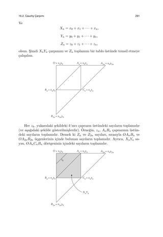 16.2. Cauchy C¸ arpımı 291
Ve
Xn = x0 + x1 + · · · + xn,
Yn = y0 + y1 + · · · + yn,
Zn = z0 + z1 + · · · + zn,
olsun. S¸imdi XnYn ¸carpımını ve Zn toplamını bir tablo ¨ust¨unde temsil etmeye
¸calı¸salım.
Her zk, yukarıdaki ¸sekildeki k’ıncı ¸caprazın ¨ust¨undeki sayıların toplamıdır
(ve a¸sa˘gıdaki ¸sekilde g¨osterilmi¸slerdir). ¨Orne˘gin, zn, AnBn ¸caprazının ¨ust¨un-
deki sayıların toplamıdır. Demek ki Zn ve Z2n sayıları, sırasıyla OAnBn ve
OA2nB2n ¨u¸cgenlerinin i¸cinde bulunan sayıların toplamıdır. Ayrıca, XnYn sa-
yısı, OAnCnBn d¨ortgeninin i¸cindeki sayıların toplamıdır.
 