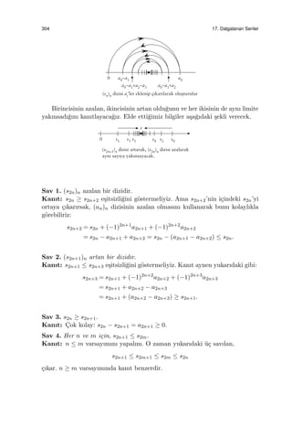 304 17. Dalgalanan Seriler
Birincisinin azalan, ikincisinin artan oldu˘gunu ve her ikisinin de aynı limite
yakınsadı˘gını kanıtlayaca˘gız. Elde etti˘gimiz bilgiler a¸sa˘gıdaki ¸sekli verecek.
Sav 1. (s2n)n azalan bir dizidir.
Kanıt: s2n ≥ s2n+2 e¸sitsizli˘gini g¨ostermeliyiz. Ama s2n+2’nin i¸cindeki s2n’yi
ortaya ¸cıkarırsak, (an)n dizisinin azalan olmasını kullanarak bunu kolaylıkla
g¨orebiliriz:
s2n+2 = s2n + (−1)2n+1
a2n+1 + (−1)2n+2
a2n+2
= s2n − a2n+1 + a2n+2 = s2n − (a2n+1 − a2n+2) ≤ s2n.
Sav 2. (s2n+1)n artan bir dizidir.
Kanıt: s2n+1 ≤ s2n+3 e¸sitsizli˘gini g¨ostermeliyiz. Kanıt aynen yukarıdaki gibi:
s2n+3 = s2n+1 + (−1)2n+2
a2n+2 + (−1)2n+3
a2n+3
= s2n+1 + a2n+2 − a2n+3
= s2n+1 + (a2n+2 − a2n+3) ≥ s2n+1.
Sav 3. s2n ≥ s2n+1.
Kanıt: C¸ok kolay: s2n − s2n+1 = a2n+1 ≥ 0.
Sav 4. Her n ve m i¸cin, s2n+1 ≤ s2m.
Kanıt: n ≤ m varsayımını yapalım. O zaman yukarıdaki ¨u¸c savdan,
s2n+1 ≤ s2m+1 ≤ s2m ≤ s2n
¸cıkar. n ≥ m varsayımında kanıt benzerdir.
 
