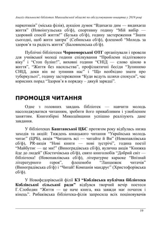 19
Аналіз діяльності бібліотек Миколаївської області по обслуговуванню юнацтва у 2019 році
наркотиків” (міська філія), аукціон думок “Вдихаєш дим — видихаєш
життя” (Новоінгульська сб/ф), спортивну годину “Мій вибір —
здоровий спосіб життя!” (Бузька сб/ф), годину застереження “Знати
сьогодні, щоб жити завтра” (Себинська сб/ф), флешмоб “Молодь за
здоров’я та радість життя” (Баловненська сб/ф).
Публічні бібліотеки Чорноморської ОТГ організували і провели
для учнівської молоді години спілкування “Проблеми підліткового
віку” і “Стоп булінг!”, виховні години “СНІД — слово ціною в
життя”, “Життя без насильства”, профілактичні бесіди “Зупинимо
СНІД, доки він не зупинив нас” і “Що необхідно знати про
туберкульоз”, годину застереження “Куди ведуть шляхи спокуси”, час
корисних порад “Здоров’я в порядку – дякуй зарядці”.
ПРОМОЦІЯ ЧИТАННЯ
Одне з головних завдань бібліотек — навчити молодь
насолоджуватися читанням, зробити його привабливим і улюбленим
заняттям. Книгозбірні Миколаївщини успішно реалізують дане
завдання.
У бібліотеках Баштанської ЦБС протягом року відбулась низка
заходів та акцій: Тиждень юнацького читання “Українська молодь
читає” (ЦРБ), акція “Читають всі — читайте й Ви” (Новопавлівська
сб/ф), PR-акція “Нові книги — нові зустрічі”, година поезії
“Майбутнє — це ми!” (Виноградівська сб/ф), вулична акція “Книжка
йде до людей” (Костичівська сб/ф), свято книголюбів “Добрий світ —
бібліотека! (Новопавлівська сб/ф), літературне караоке “Впізнай
літературного героя”, флешмоби “Ланцюжок читачів”
(Виноградівська сб/ф) і “Читай! Компанія мандрує” (Христофорівська
сб/ф).
У Новофедорівській філії КЗ “Коблівська публічна бібліотека
Коблівської сільської ради” відбувся творчий вечір поетеси
Г. Слободян “Життя — це наче книга, яка завжди має початок і
кінець”. Рибаківська бібліотека-філія запросила всіх поціновувачів
 