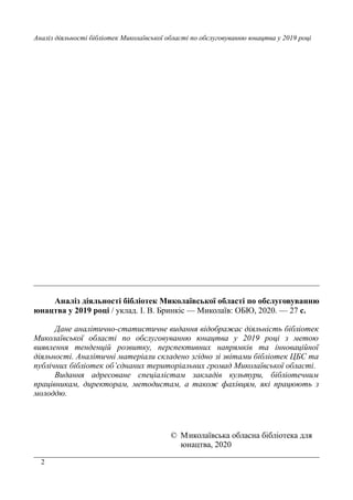 2
Аналіз діяльності бібліотек Миколаївської області по обслуговуванню юнацтва у 2019 році
Аналіз діяльності бібліотек Миколаївської області по обслуговуванню
юнацтва у 2019 році / уклад. І. В. Бринкіс — Миколаїв: ОБЮ, 2020. — 27 с.
Дане аналітично-статистичне видання відображає діяльність бібліотек
Миколаївської області по обслуговуванню юнацтва у 2019 році з метою
виявлення тенденцій розвитку, перспективних напрямків та інноваційної
діяльності. Аналітичні матеріали складено згідно зі звітами бібліотек ЦБС та
публічних бібліотек об’єднаних територіальних громад Миколаївської області.
Видання адресоване спеціалістам закладів культури, бібліотечним
працівникам, директорам, методистам, а також фахівцям, які працюють з
молоддю.
© Миколаївська обласна бібліотека для
юнацтва, 2020
 