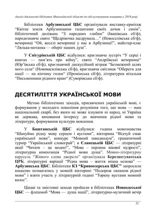 21
Аналіз діяльності бібліотек Миколаївської області по обслуговуванню юнацтва у 2019 році
Бібліотеки Арбузинської ЦБС організували виставку-ермітаж
“Квітне земля Арбузинщини талантами своїх дочок і синів”,
бібліотечний диліжанс “З народних глибин” (Іванівська сб/ф),
народознавче свято “Щедрівочка щедрувала…” (Новоселівська сб/ф),
вечорниці “Ой, веселі вечорниці у нас в Арбузинці!”, майстер-клас
“Лялька-мотанка — оберіг наших душ”.
У Снігурівській ЦБС відбулися: краєзнавча зустріч “У серці і
книгах — пам’ять про війну”, свято “Андріївські вечорниці“
(Юр’ївська сб/ф), краєзнавчий дискусійний вітраж “Безмежний шлях
мого села“ (Нововасилівська сб/ф), краєзнавча світлиця “Обереги для
нації — на кінчику голки“ (Промінська сб/ф), літературна вітальня
“Письменники рідного краю“ (Суворівська сб/ф).
ДЕСЯТИЛІТТЯ УКРАЇНСЬКОЇ МОВИ
Метою бібліотечних заходів, присвячених українській мові, є
формування у молодого покоління розуміння того, що мова — наш
національний скарб, без якого не може існувати ні народ, ні Україна
як держава, виховання інтересу до вивчення рідної мови та
літератури, формування культури мовлення.
У Баштанській ЦБС відбулися: година мовознавства
“Шануймо рідну мову серцем і вустами”, вікторина “Відчуй смак
української мови”, конкурс “Мовний швидкодум”, граматичний
турнір “Український словограй”; в Єланецькій ЦБС — літературні
акції “Читати – це модно!”, “Мова – перлина вікової мудрості”,
літературна композиція “Рідної мови душа”. Мовно-літературну
карусель “Живого слова джерело” організувала Березнегуватська
ЦРБ, літературні варіації “Рідна мова – життя міцна основа” —
Арбузинська ЦБС. Бібліотеки КЗ “Кривоозерська ЦБС” запросили
юнацтво позмагатись у мовній вікторині “Подорож океаном рідної
мови” і взяти участь у літературній годині “Торкну вустами мовний
колос”.
Цікаві та змістовні заходи пройшли в бібліотеках Новоодеської
ЦБС — флешмоб “Мова — душа нації”, літературно-музичний вечір
 