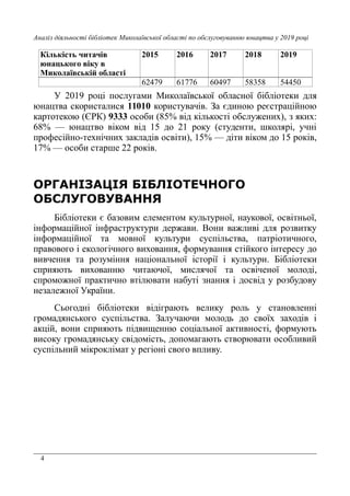 4
Аналіз діяльності бібліотек Миколаївської області по обслуговуванню юнацтва у 2019 році
Кількість читачів
юнацького віку в
Миколаївській області
2015 2016 2017 2018 2019
62479 61776 60497 58358 54450
У 2019 році послугами Миколаївської обласної бібліотеки для
юнацтва скористалися 11010 користувачів. За єдиною реєстраційною
картотекою (ЄРК) 9333 особи (85% від кількості обслужених), з яких:
68% — юнацтво віком від 15 до 21 року (студенти, школярі, учні
професійно-технічних закладів освіти), 15% — діти віком до 15 років,
17% — особи старше 22 років.
ОРГАНІЗАЦІЯ БІБЛІОТЕЧНОГО
ОБСЛУГОВУВАННЯ
Бібліотеки є базовим елементом культурної, наукової, освітньої,
інформаційної інфраструктури держави. Вони важливі для розвитку
інформаційної та мовної культури суспільства, патріотичного,
правового і екологічного виховання, формування стійкого інтересу до
вивчення та розуміння національної історії і культури. Бібліотеки
сприяють вихованню читаючої, мислячої та освіченої молоді,
спроможної практично втілювати набуті знання і досвід у розбудову
незалежної України.
Сьогодні бібліотеки відіграють велику роль у становленні
громадянського суспільства. Залучаючи молодь до своїх заходів і
акцій, вони сприяють підвищенню соціальної активності, формують
високу громадянську свідомість, допомагають створювати особливий
суспільний мікроклімат у регіоні свого впливу.
 