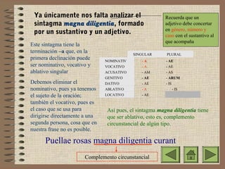 Ya únicamente nos falta analizar el
sintagma magna diligentia, formado
por un sustantivo y un adjetivo.
Este sintagma tiene la
terminación –a que, en la
primera declinación puede
ser nominativo, vocativo y
ablativo singular
Debemos eliminar el
nominativo, pues ya tenemos
el sujeto de la oración;
también el vocativo, pues es
el caso que se usa para
dirigirse directamente a una
segunda persona, cosa que en
nuestra frase no es posible.

SINGULAR

Recuerda que un
adjetivo debe concertar
en género, número y
caso con el sustantivo al
que acompaña
PLURAL

NOMINATIV
O
VOCATIVO

-A
-A

- AE
- AE

ACUSATIVO
GENITIVO
DATIVO

- AM
- AE
- AE

- AS
- ARUM
- IS

ABLATIVO
LOCATIVO

-A
- AE

- IS

Así pues, el sintagma magna diligentia tiene
que ser ablativo, esto es, complemento
circunstancial de algún tipo.

Puellae rosas magna diligentia curant
Complemento circunstancial

 