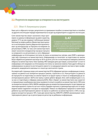 Учество на јавноста во процесите на подготовка на закони
12
2.2.	Резултатипоиндикаторизаотвореностанаинституциите
2.2.1.	 Област А: Комуникациска средина
Како што е објаснето погоре, резултатите се прикажани посебно за министерствата и посебно
за другите институции поради нерелевантоста на дел од индикаторите за другите институции.
Сите министерства имаат назначено лице одго-
ворно за давање информации од јавен карактер,
додека 73 % од нив издаваат публикации (ревии/
билтени)засвојатаработа.Министерстватацелос-
но ги исполнуваат своите обврски кои произлегу-
ваат од методологија за Процена на влијание на
регулативата (ПВР), па така сите министерствата
имаат назначено координатор кој врши процена
на влијанието на регулативата и сите објавуваат
информација за отпочнување постапка за закон на релевантни сајтови, како ЕНЕР, е-демокра-
тија, веб-страницата на министерството. Информација за почетокот за подготовка на закони
беше објавена во дневните весници за 36 % од акти, што не е и експлицитно наведена законска
обврска на министерствата. Како пример, МО наведува дека доставува „Соопштение“ со кое ги
информира сите медиуми за отпочнување постапка за законски измени. Како други облици за
информирање на јавноста институциите најчесто ги наведуваат јавните настани и прес-конфе-
ренциите, медиумските кампањи и е-пошта до засегнатите страни.
Насвојатавеб-страницаскороситеминистерства(91%)објавуваатдеталииинформациизавклу­
чување на јавноста во конкретни процеси (закони, стратегии и сл.). Консултаците со јавноста
во процесите на подготовка на закони најчесто се вршат преку е-пошта со информација до за-
интересираната јавност (82%) или преку е-јавни дебати (форум, блог, веб-конференции и сл.),
за кои се подготвува и објавува извештај (64%). Мал е бројот на министерствата кои користат
е-прашалници за добивање мислење од јавноста општо за работа на министерството (18%) или
за конкретни процеси (36%). МИОА наведува дека во моментов прашалниците се доставуваат до
заинтересираните страни по пат на е-пошта, бидејќи порталот е-демократија каде што се пред-
видени вакви содржини е во фаза на надградба. Нивото на објавување предлози и коментари
добиени од заинтересираната јавност во врска со работата на министерството е 36% и во од-
редени конкретни процеси 18%. Само две министерства, МЖСПП и МИОА овозможуваат заин-
тересираната јавност да се регистрира во регистар за добивање информации.
3,47
е средната оцена за комуникациска
средина креирана од предлагачот
на актот (министерствата) за учество
на граѓанското општество во
неговите активности.
 