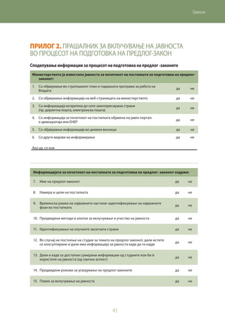 43
Прилози
Прилог 2. Прашалник за вклучување на јавноста
во процесот на подготовка на предлог-закон
Споделување информации за процесот на подготовка на предлог -законите
Министерството ја известило јавноста за почетокот на постапката за подготовка на предлог-
законот:
1.	 Со објавување во стратешкиот план и годишната програма за работа на
Владата
да не
2.	 Со објавување информација на веб-страницата на министерството да не
3.	 Со информација испратена до сите заинтересирани страни
(пр. директна пошта, електронска пошта)
да не
4.	 Со информација за почетокот на постапката објавена на јавен портал:
е-демократија или ЕНЕР
да не
5.	 Со објавување информација во дневни весници да не
6.	 Со други видови на информирање да не
Ако да, со кои
     
Информацијата за почетокот на постапката за подготовка на предлог- законот содржи:
7.	 Име на предлог-законот да не
8.	 Намера и цели на постапката да не
9.	 Временска рамка на најважните настани: идентификување на најважните
фази во постапката
да не
10.	 Предвидени методи и алатки за вклучување и учество на јавноста да не
11.	 Идентификување на клучните засегнати страни да не
12.	 Во случај на постоење на студии за темата на предлог-законот, дали истите
се консултирани и дали има информација за јавноста каде да ги најде
да не
13.	 Дали и каде се достапни сумирани информации од студиите кои би ў
користеле на јавноста (од лаички аспект)
да не
14.	 Предвидени рокови за усвојување на предлог-законите да не
15.	 Повик за вклучување на јавноста да не
 