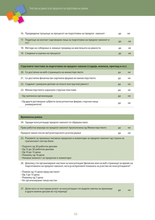 Учество на јавноста во процесите на подготовка на закони
44
16.	 Предвидени трошоци за процесот на подготовка на предлог -законот да не
17.	 Податоци за контакт (одговорни лица за подготовка на предлог-законот и
сл.)
да не
18.	 Методи на собирање и земање предвид на мислењата на јавноста да не
19.	 Следење и оценка на процесот да не
Стручните текстови за подготовка на предлог-закони (студија, анализа, преглед и сл.):
20.	 Се достапни на веб-страницата на министерството да не
21.	 Се достапни физички (во хартиена форма) во министерството да не
22.	 Содржат сумирани делови за општа (нестручна) јавност да не
23.	 Министерството нарачало стручни текстови: да не
- Од граѓанска организација да не
- Од други договорни субјекти (консултантски фирми, стручни лица,
универзитети)
да не
Временска рамка
24.	 Заради консултација предлог-законот се објавува како:
Прва работна верзија на предлог-законот произлезена од Министерството да не
Предлог-закон после меѓусекторското усогласување да не
25.	 Роковите за примање писмени предлози и коментари за предлог-законот од страна на
граѓанскиот сектор биле:
- Подолго од 30 работни денови
- Од 15 до 30 работни денови
- Од 10 до 15 дена
- Помалку од 10 дена
- Немаше можност за предлози и коментари
26.	 Доколку сте организирале настани за консултации (физички или на веб-страница) за време на
подготовката на предлог-законот, кога ја испративте поканата за учество во консултациите?
- Повеќе од 15 дена пред настанот
- Од 7 до 15 дена
- Помалку од 7 дена
- Не организираме таков настан
27.	 Дали кога се поставува рокот за консултации сте воделе сметка за празници
и други важни датуми во тој период?
да не
 