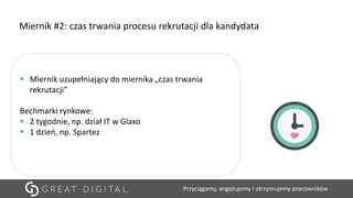 Przyciągamy, angażujemy i utrzymujemy pracowników
▪ Miernik uzupełniający do miernika „czas trwania
rekrutacji”
Bechmarki rynkowe:
▪ 2 tygodnie, np. dział IT w Glaxo
▪ 1 dzień, np. Spartez
Miernik #2: czas trwania procesu rekrutacji dla kandydata
 