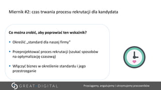 Przyciągamy, angażujemy i utrzymujemy pracowników
Czas trwania
procesu
rekrtacji dla
kandydata
Co można zrobić, aby poprawiać ten wskaźnik?
▪ Określić „standard dla naszej firmy”
▪ Przeprojektować proces rekrutacji (szukać sposobów
na optymalizację czasową)
▪ Włączyć biznes w określenie standardu i jego
przestrzeganie
Miernik #2: czas trwania procesu rekrutacji dla kandydata
 