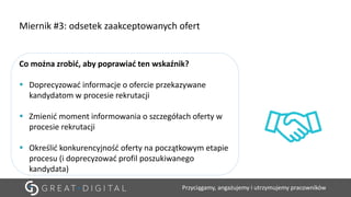 Przyciągamy, angażujemy i utrzymujemy pracowników
Co można zrobić, aby poprawiać ten wskaźnik?
▪ Doprecyzować informacje o ofercie przekazywane
kandydatom w procesie rekrutacji
▪ Zmienić moment informowania o szczegółach oferty w
procesie rekrutacji
▪ Określić konkurencyjność oferty na początkowym etapie
procesu (i doprecyzować profil poszukiwanego
kandydata)
Miernik #3: odsetek zaakceptowanych ofert
 