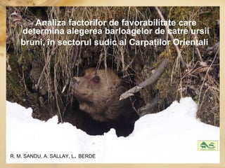 Analiza factorilor de favorabilitate care
determina alegerea barloagelor de catre ursii
bruni, în sectorul sudic al Carpaţilor Orientali

R. M. SANDU, A. SALLAY, L. BERDE

 
