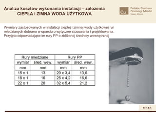 Analiza kosztów wykonania instalacji – założenia
      CIEPŁA i ZIMNA WODA UŻYTKOWA


Wymiary zastosowanych w instalacji ciepłej i zimnej wody użytkowej rur
miedzianych dobrano w oparciu o wytyczne stosowania i projektowania.
Przyjęto odpowiadające im rury PP o zbliżonej średnicy wewnętrznej




                                                                         Str.10.
 