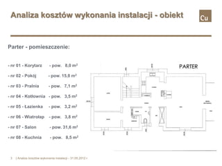 Analiza kosztów wykonania instalacji - obiekt


Parter - pomieszczenie:


- nr 01 - Korytarz           - pow. 8,0 m2

- nr 02 - Pokój              - pow. 15,8 m2

- nr 03 - Pralnia            - pow. 7,1 m2

- nr 04 - Kotłownia - pow. 3,5 m2

- nr 05 - Łazienka           - pow. 3,2 m2

- nr 06 - Wiatrołap          - pow. 3,8 m2

- nr 07 - Salon               - pow. 31,6 m2

- nr 08 - Kuchnia             - pow. 8,5 m2



 3   | Analiza kosztów wykonania instalacji - 31.05.2012 r.
 