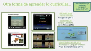 Otra forma de aprender lo curricular...
PÁGINAS WEB
Ciencias Sociales
Google Site (2016)
TELEDIARIOS
Lengua Castellana
Movie Maker (2015)
PRESENTACION QUIJOTE
Realizado en Lengua Castellana
Prezi - Semana Cultural (2016)
CEIP Elena Quiroga.
Santander
2014-2017
(Aulas 5º, 6º y 4º)
 