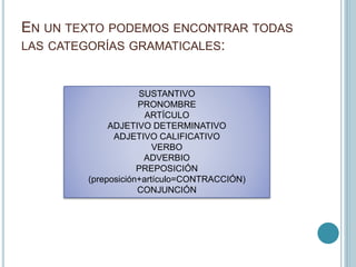 EN UN TEXTO PODEMOS ENCONTRAR TODAS
LAS CATEGORÍAS GRAMATICALES:
SUSTANTIVO
PRONOMBRE
ARTÍCULO
ADJETIVO DETERMINATIVO
ADJE...