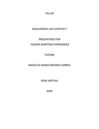 TALLER
ANALIZANDO LAS CUENTAS T
PRESENTADO POR
YAJAIRA MARTINEZ HERNANDEZ
TUTORA
ANGELICA MARIA MEDINA CORREA
SENA VIRTUAL
2020
 