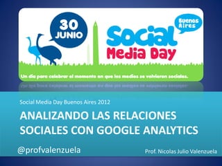 Social Media Day Buenos Aires 2012

ANALIZANDO LAS RELACIONES
SOCIALES CON GOOGLE ANALYTICS
@profvalenzuela                      Prof. Nicolas Julio Valenzuela
 