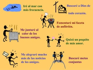 Iré al mar con más frecuencia. Fomentaré mi faceta de anfitrión. Me juntaré al calor de los buenos amigos. Quizá un poquito de más amor. Me alegraré mucho más de las noticias de los amigos. Buscaré metas  conjuntas Buscaré a Dios de  todo corazón. 
