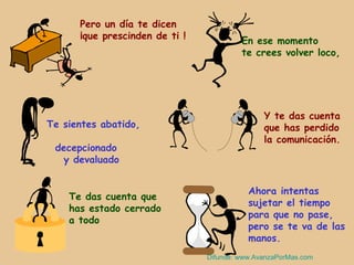Pero un día te dicen
      ¡que prescinden de ti !            En ese momento
                                         te crees volver loco,




                                               Y te das cuenta
Te sientes abatido,                            que has perdido
                                               la comunicación.
 decepcionado
  y devaluado


                                           Ahora intentas
    Te das cuenta que
                                           sujetar el tiempo
    has estado cerrado
                                           para que no pase,
    a todo
                                           pero se te va de las
                                           manos.
                                Difunde: www.AvanzaPorMas.com
 