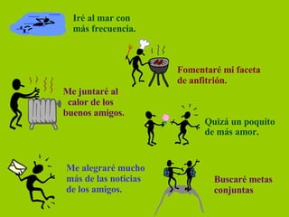 Iré al mar con más frecuencia. Fomentaré mi faceta de anfitrión. Me juntaré al calor de los buenos amigos. Quizá un poquito de más amor. Me alegraré mucho más de las noticias de los amigos. Buscaré metas  conjuntas 