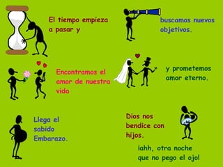 El tiempo empieza a pasar y buscamos nuevos objetivos. Encontramos el amor de nuestra vida y prometemos amor eterno. Llega el sabido  Embarazo. Dios nos bendice con hijos. ¡ahh, otra noche que no pego el ojo! 