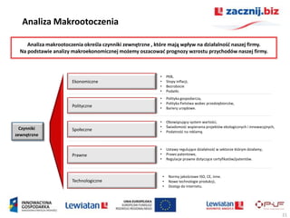 Analiza Makrootoczenia

     Analiza makrootoczenia określa czynniki zewnętrzne , które mają wpływ na działalnośd naszej firmy.
  Na podstawie analizy makroekonomicznej możemy oszacowad prognozy wzrostu przychodów naszej firmy.



                                                           •       PKB,
                       Ekonomiczne                         •       Stopy inflacji,
                                                           •       Bezrobocie
                                                           •       Podatki.
                                                           •       Polityka gospodarcza,
                                                           •       Polityka Paostwa wobec przedsiębiorców,
                       Polityczne                          •       Bariery urzędowe.


                                                           •       Obowiązujący system wartości,
  Czynniki                                                 •       Świadomośd wspierania projektów ekologicznych i innowacyjnych,
                       Społeczne                           •       Podatnośd na reklamę.
zewnętrzne

                                                           •       Ustawy regulujące działalnośd w sektorze którym działamy,
                       Prawne                              •       Prawo patentowe,
                                                           •       Regulacje prawne dotyczące certyfikatów/patentów.



                                                               •    Normy jakościowe ISO, CE, inne.
                       Technologiczne                          •    Nowe technologie produkcji,
                                                               •    Dostęp do internetu.




                                                                                                                                    21
 