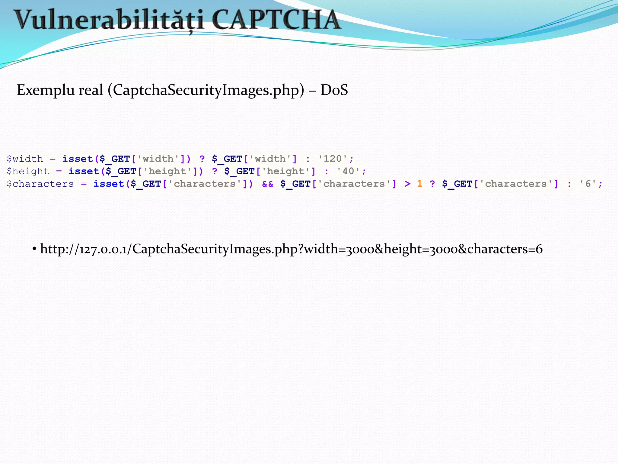  restricționare folder (open_basedir)Evoluție/Istorie Vulnerabilitățile de tip Local File Disclosure/Download suntmai rareîn zilele acestea. LFD este o vulnerabilitate asemănatoare LFI-ului, diferența dintre ele fiind că prin LFI se include codul PHP (se execută) iar prin LFD doar se citește. Nu este o vulnerabilitate atât de răspândită și cunoscută precum LFI/RFI, dar există. Probabil o să mai fie prin preajmă ceva timp, mai ales in siteurile mici, medii de file sharing/downloading. SQL Injectionpermiteexecutarea de comenzi SQL asupra bazei de date prin requesturi alterate