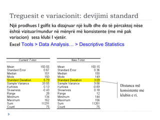 Treguesit e variacionit: devijimi standard
Një prodhues I golfit ka dizajnuar një kulb dhe do të përcaktoj nëse
është vizituar/mundur në mënyrë më konsistente (me më pak
variacion) sesa klubi I vjetër.
Excel Tools > Data Analysis… > Descriptive Statistics
Distanca më
konsistente me
klubin e ri.
 