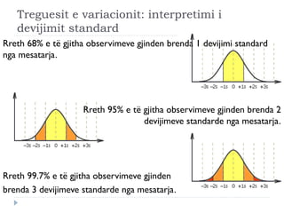 Treguesit e variacionit: interpretimi i
devijimit standard
Rreth 68% e të gjitha observimeve gjinden brenda 1 devijimi standard
nga mesatarja.
Rreth 95% e të gjitha observimeve gjinden brenda 2
devijimeve standarde nga mesatarja.
Rreth 99.7% e të gjitha observimeve gjinden
brenda 3 devijimeve standarde nga mesatarja.
 