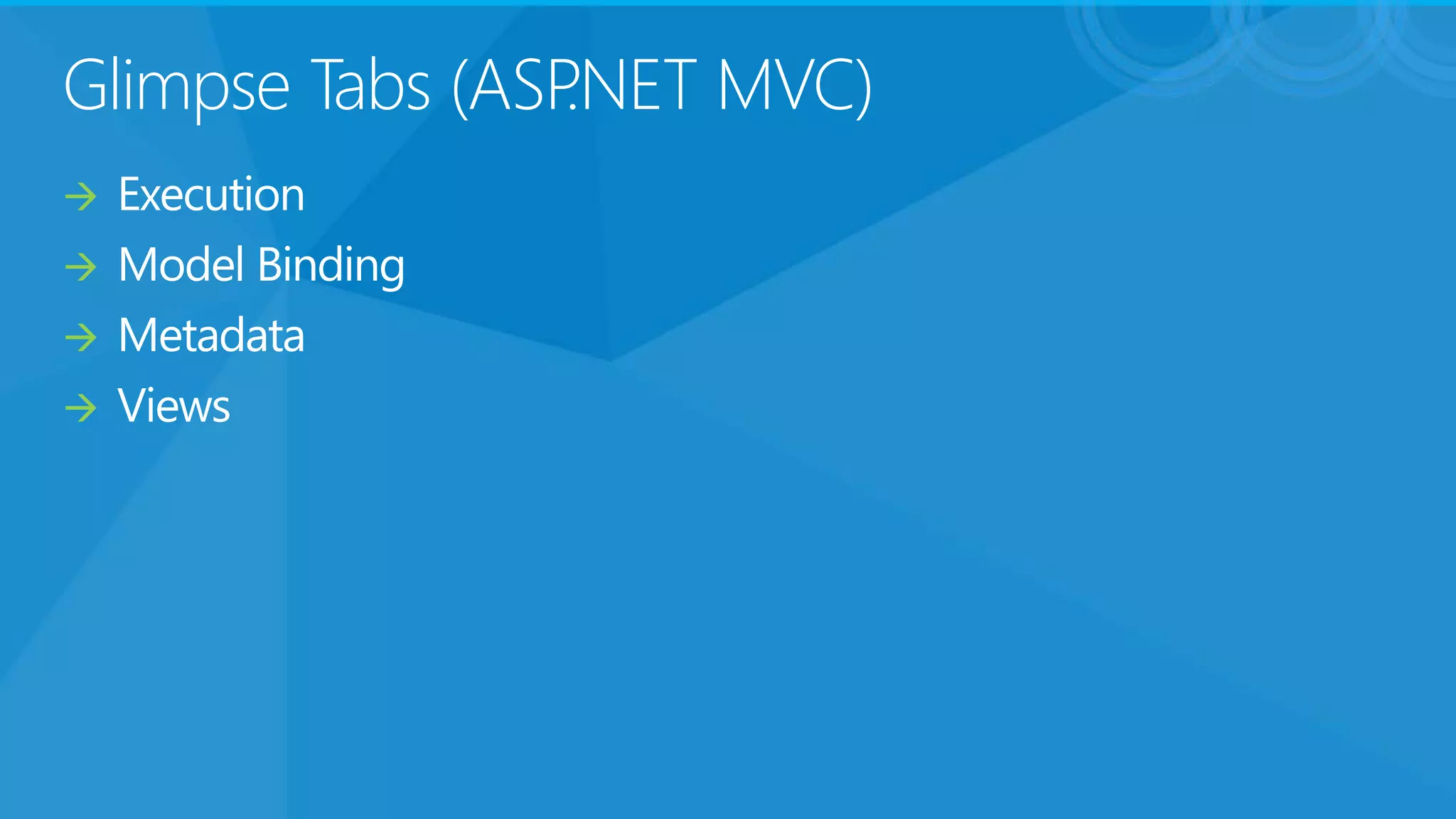 Glimpse Tabs (ASP.NET MVC)
Execution
Model Binding
Metadata
Views